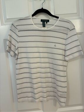 NEW! Lauren Ralph Lauren White & Silver Gray Striped Crewneck Shirt S